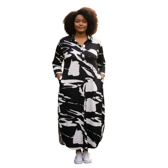 Black White Abstract Print Casual Shirt Maxi Dress Women’s XL Collared Button - Picture 1 of 9